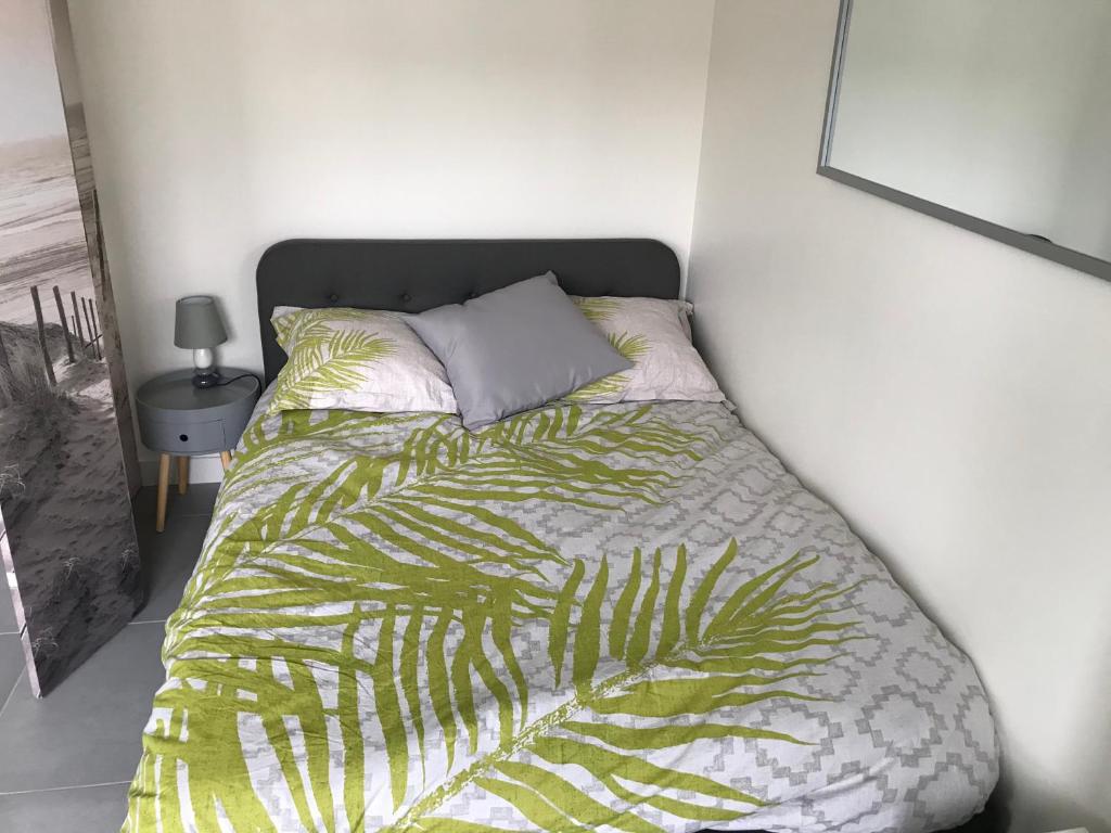 - une chambre avec un lit et une couverture verte dans l'établissement M84 Marquer joli studio môle, à Annemasse