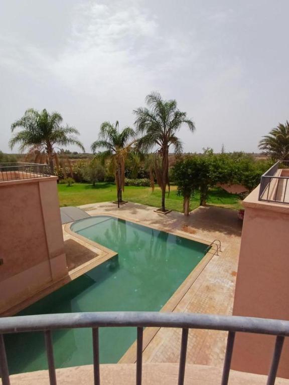 a swimming pool in a yard with palm trees at Villa Michel Lucas in Marrakesh