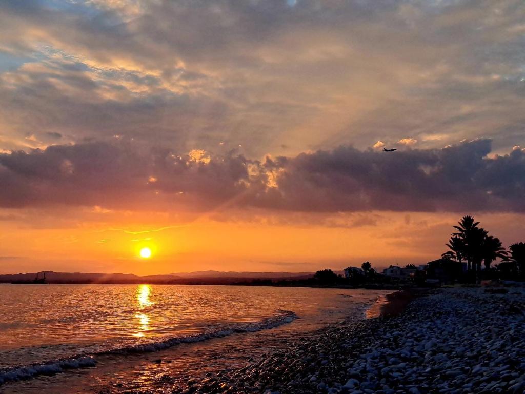 a sunset on a beach with a bird flying at AFRODITI APARTMENTs in Perivolia
