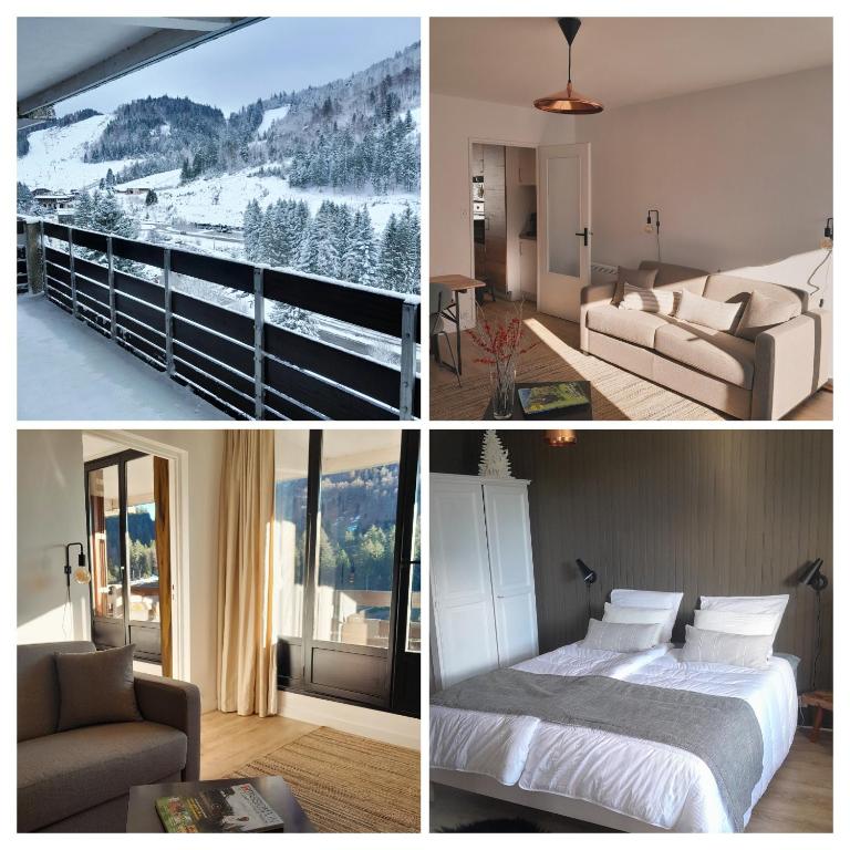 un collage de quatre photos d'une chambre d'hôtel dans l'établissement Appartement osca des brimbelles, à La Bresse