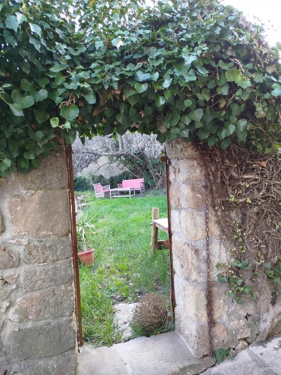 an arch covered in green plants on a stone wall at Mas des Carlines in Les Plans