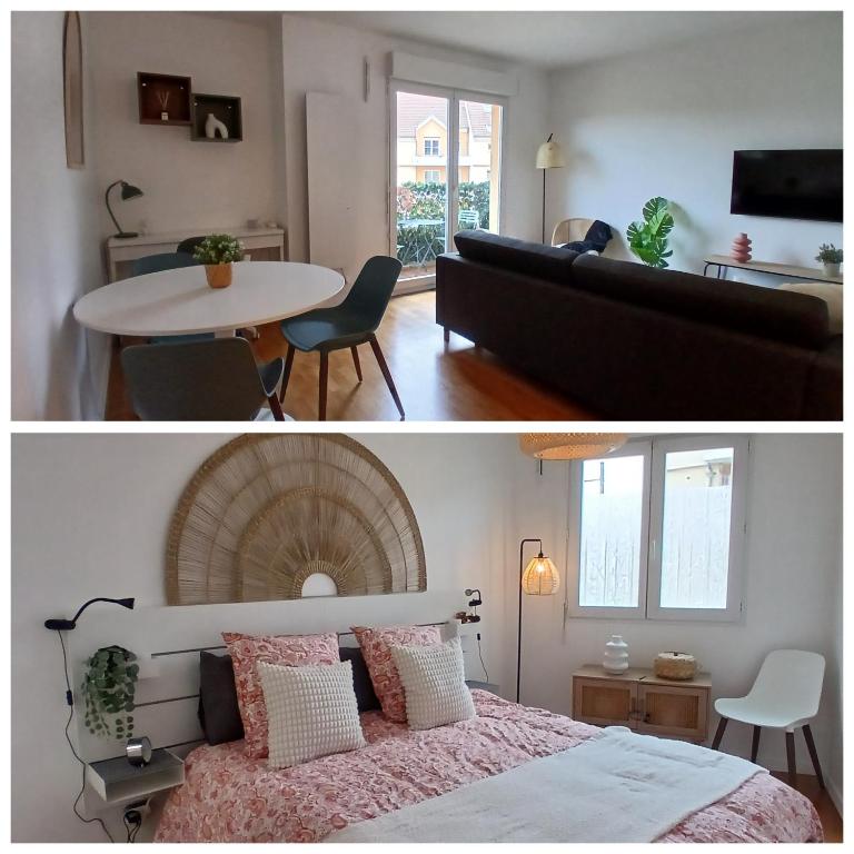 une chambre et un salon avec un lit et une table dans l'établissement très bel appartement 2 pièces, à Brétigny-sur-Orge