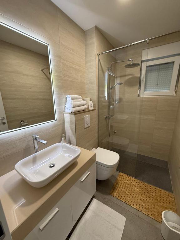 a bathroom with a sink and a toilet and a shower at Villa Sandra Promajna in Promajna