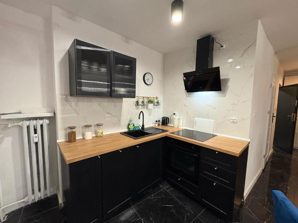a kitchen with black cabinets and a sink at Tabago Studio 22 Nysa, Rynek in Nysa