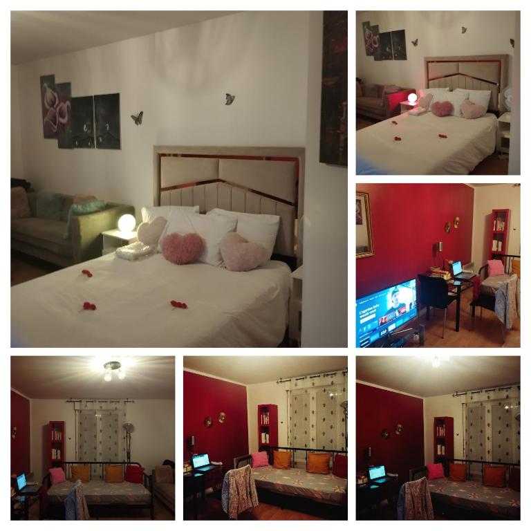 un collage de quatre photos d'une chambre d'hôtel dans l'établissement Havre de Paix, à LʼHay-les-Roses