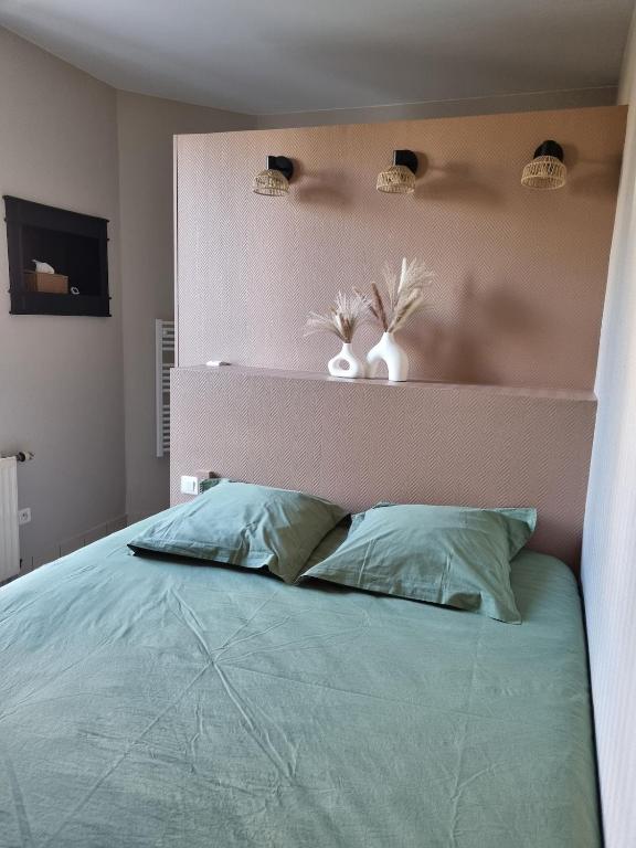 une chambre avec un lit vert avec deux oreillers dans l'établissement Logement indépendant Sacré Coeur, à Cholet