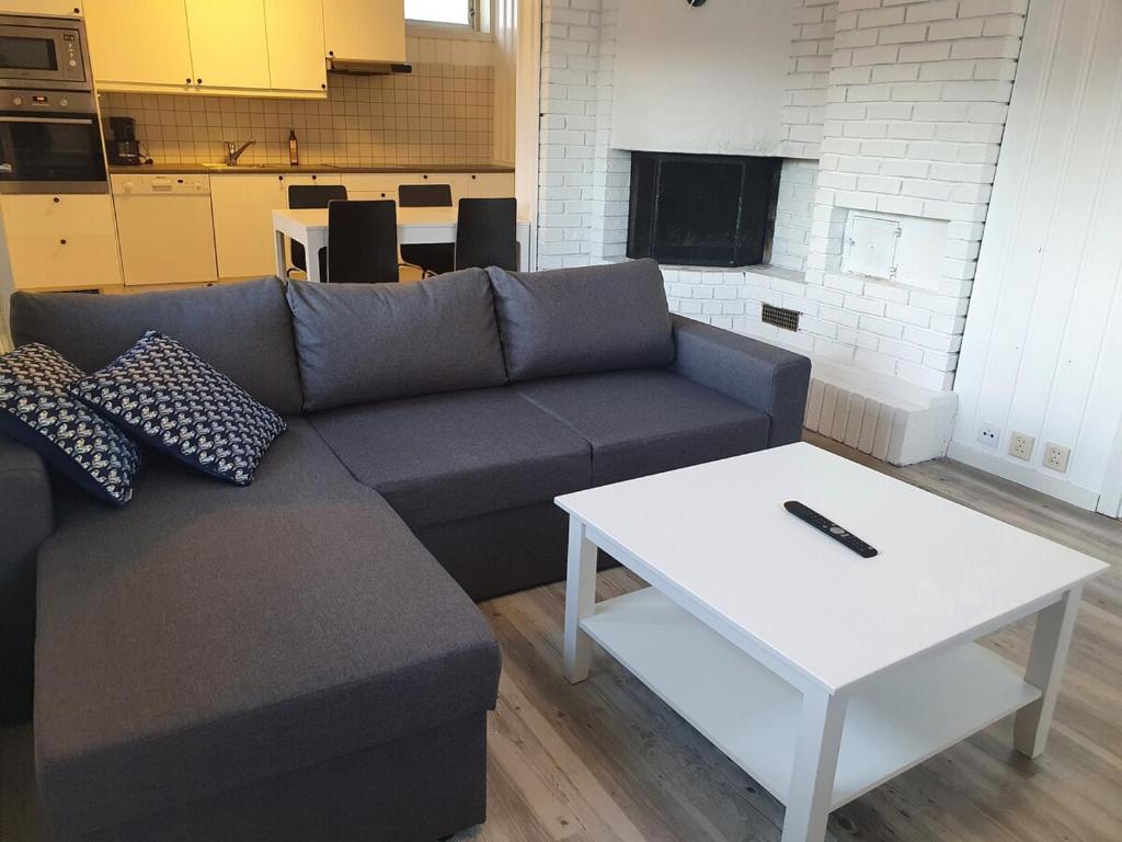 Una sala de estar con un sofá y una mesa de café. en 2-bedroom, walking distance to the city center, en Drammen