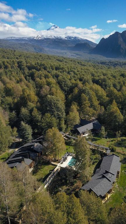 an aerial view of a house with a river and trees at NI-NEWEN Hotel & Lodge in Pucón