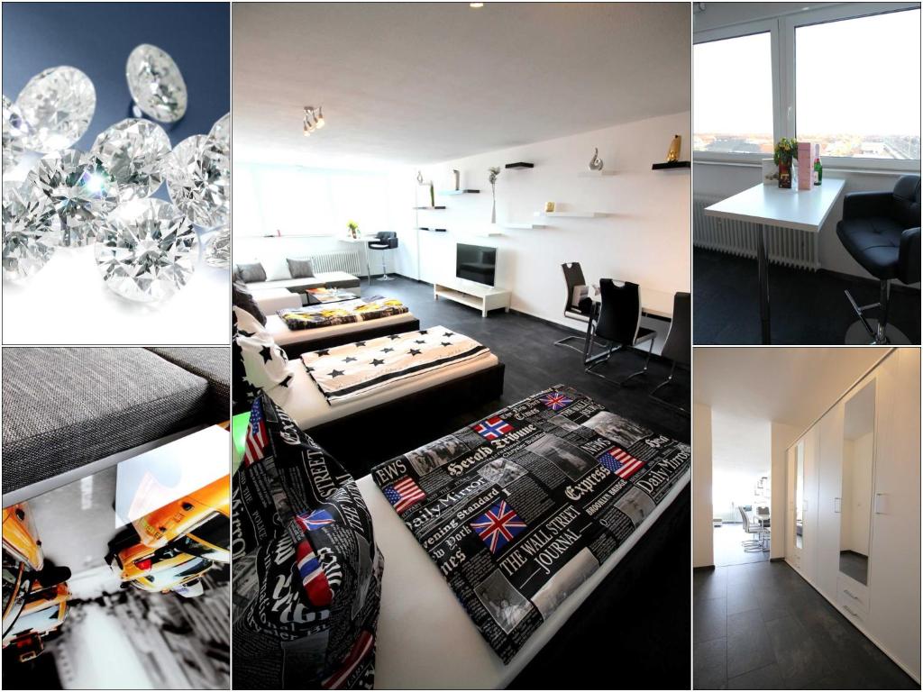 a collage of pictures of a living room and a living room at Appartments über den Wolken in Fürth
