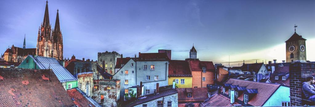 a view of a city with buildings and a cathedral at Bohemian Hotel in Regensburg