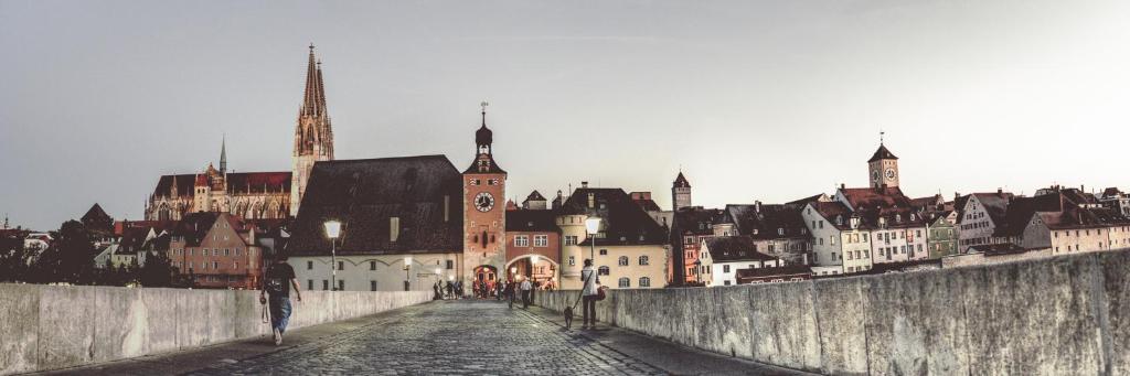 a view of a city with buildings and a castle at Bohemian Hotel in Regensburg