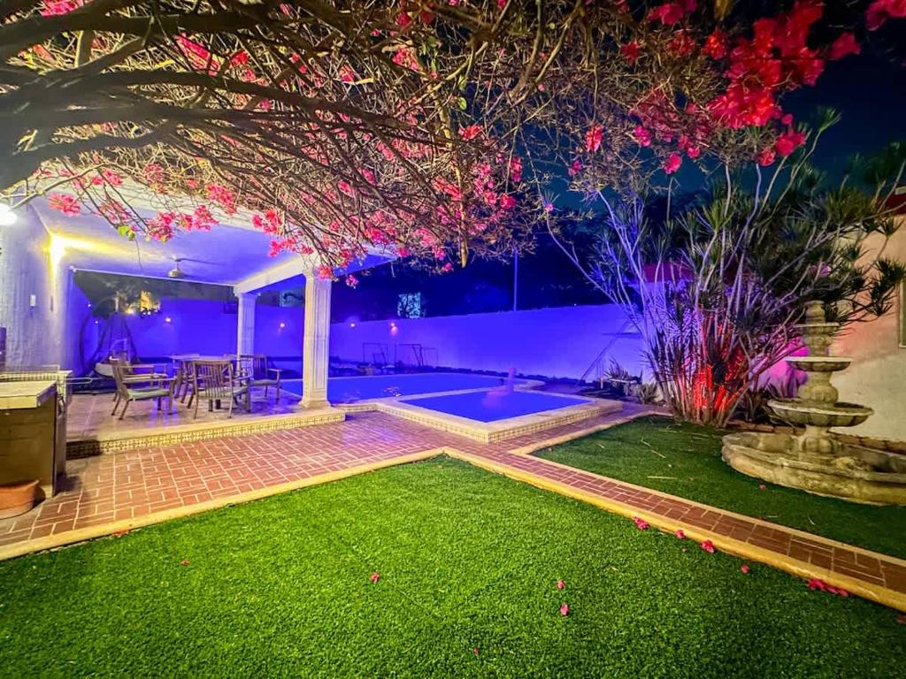 a backyard with a swimming pool at night at Alojamiento para 3 personas en Casa Alpha in Mérida