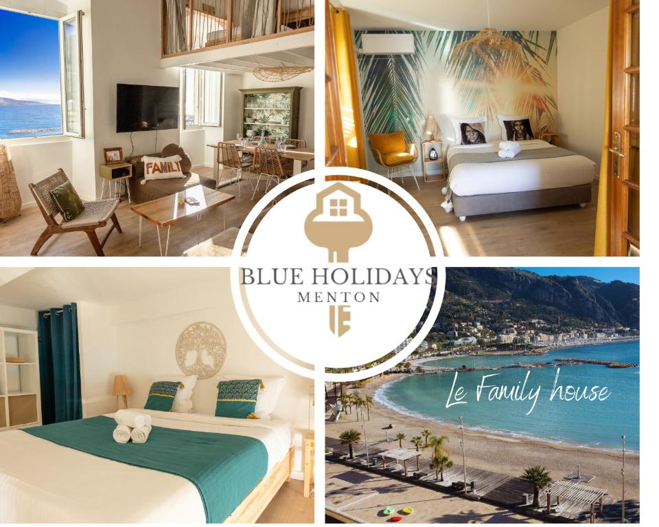 un collage de photos d'une chambre d'hôtel avec une mémoire de vacances bleue dans l'établissement Family House Vue Mer, à Menton