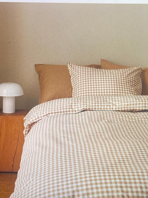 - un lit avec une couverture et des oreillers en damier dans l'établissement Belle chambre Rive Gauche, à Paris