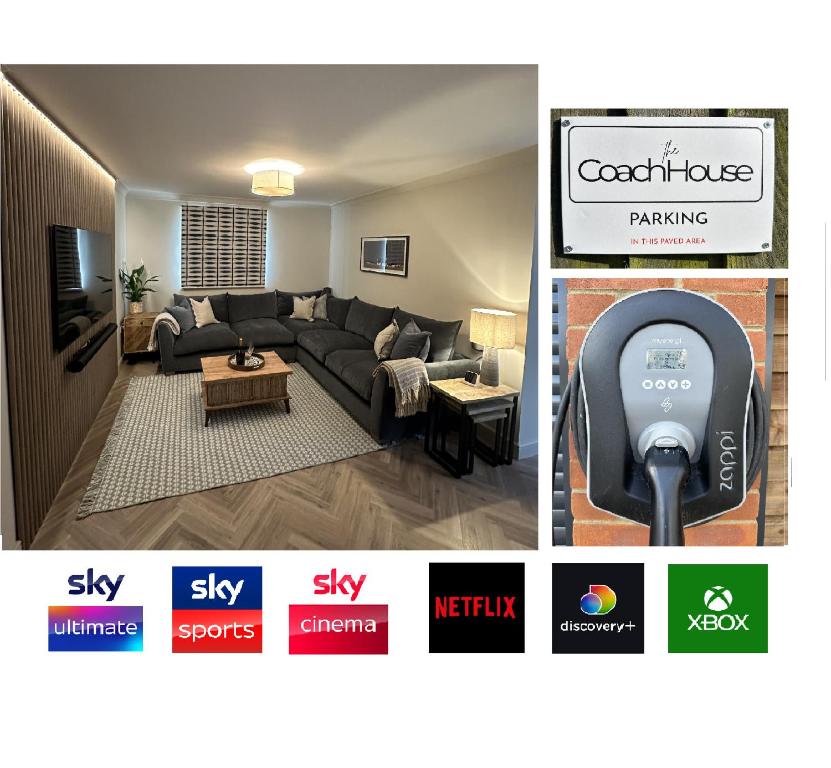 Et logo, certifikat, skilt eller en pris der bliver vist frem på Detached Luxury Coach House - Sky Sports Cinema - EVCharger