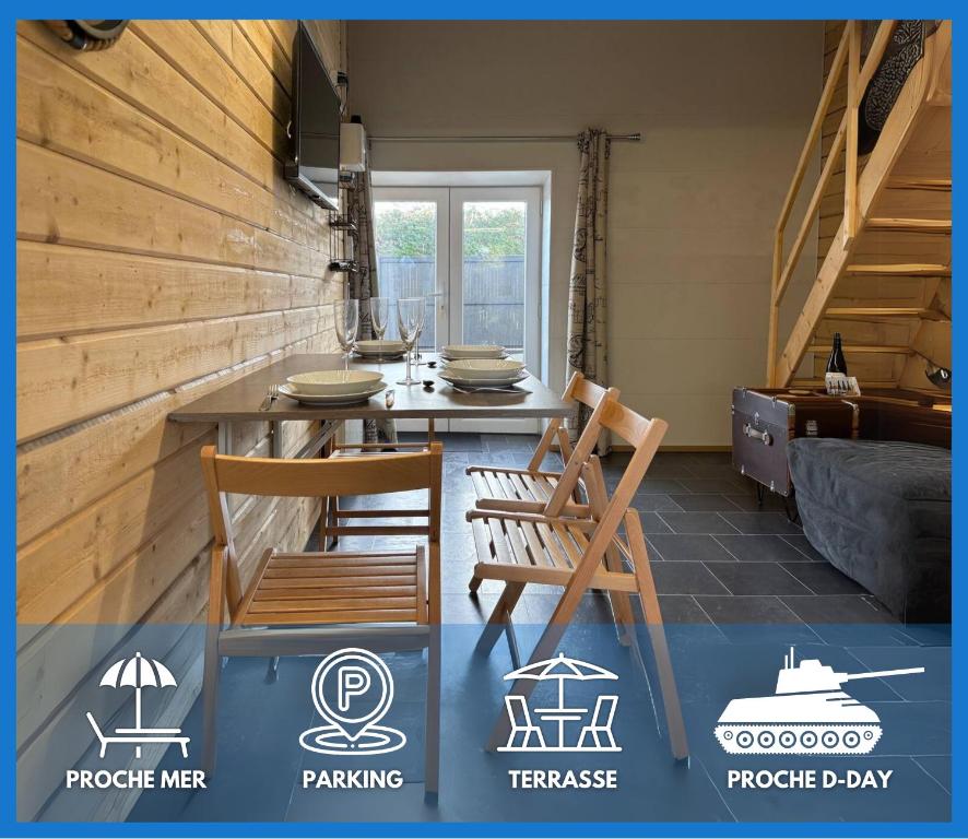 Χώρος καθιστικού στο Hortansia apt rénové bien équipé avec terrasse aménagée jardin, parking privé, proche de la mer, près de Port en Bessin et Omaha Beach