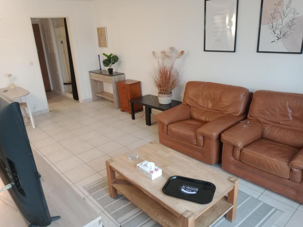 un salon avec un canapé et une télévision dans l'établissement Appartement, Résidence Grand Pavois, 28 rue Anatole France, lumineux, plein centre, tout à pied, parking privé, ascenseur, arrivée autonome,, au Havre