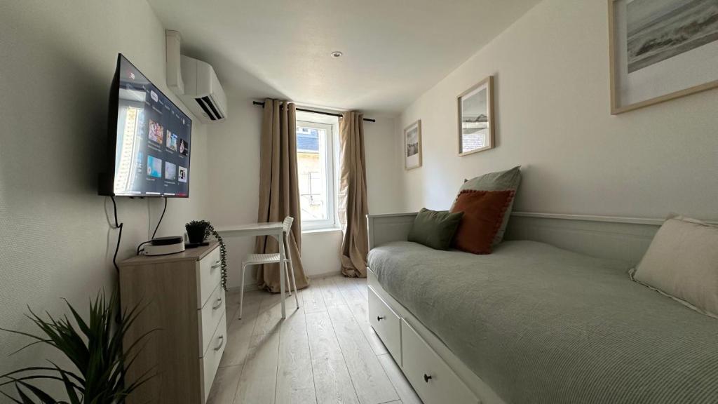 a living room with a couch and a television at Le rivage secret in Nevers