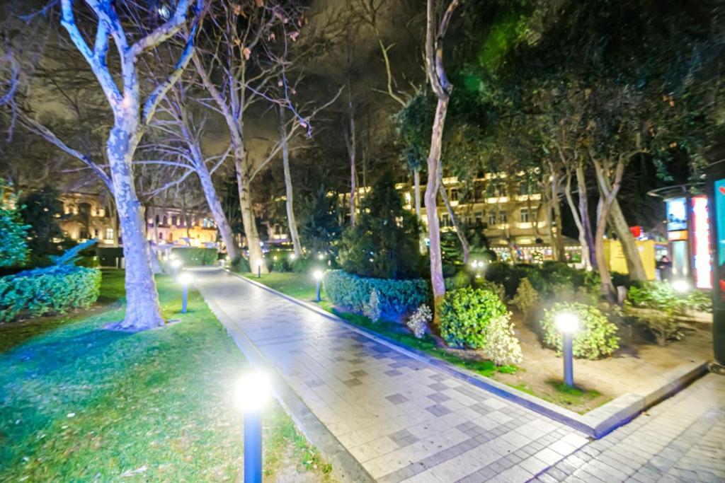 Apartment RocRoy في باكو: ممر مشاة في حديقة ليلاً مع أضواء