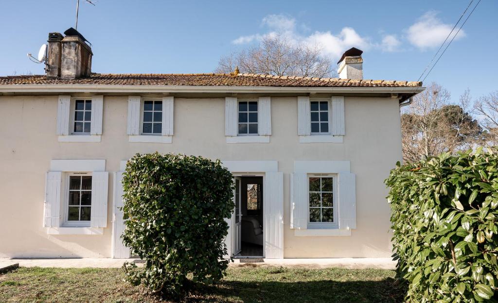 une maison blanche avec un grand bush devant elle dans l'établissement Maison Amélia, à Parentis-en-Born