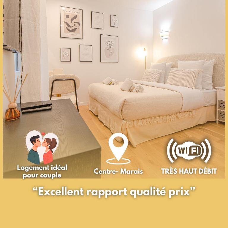 une chambre d'hôtel avec un lit et un panneau indiquant son rythme cardiaque dans l'établissement Charming studio in the Marais, à Paris