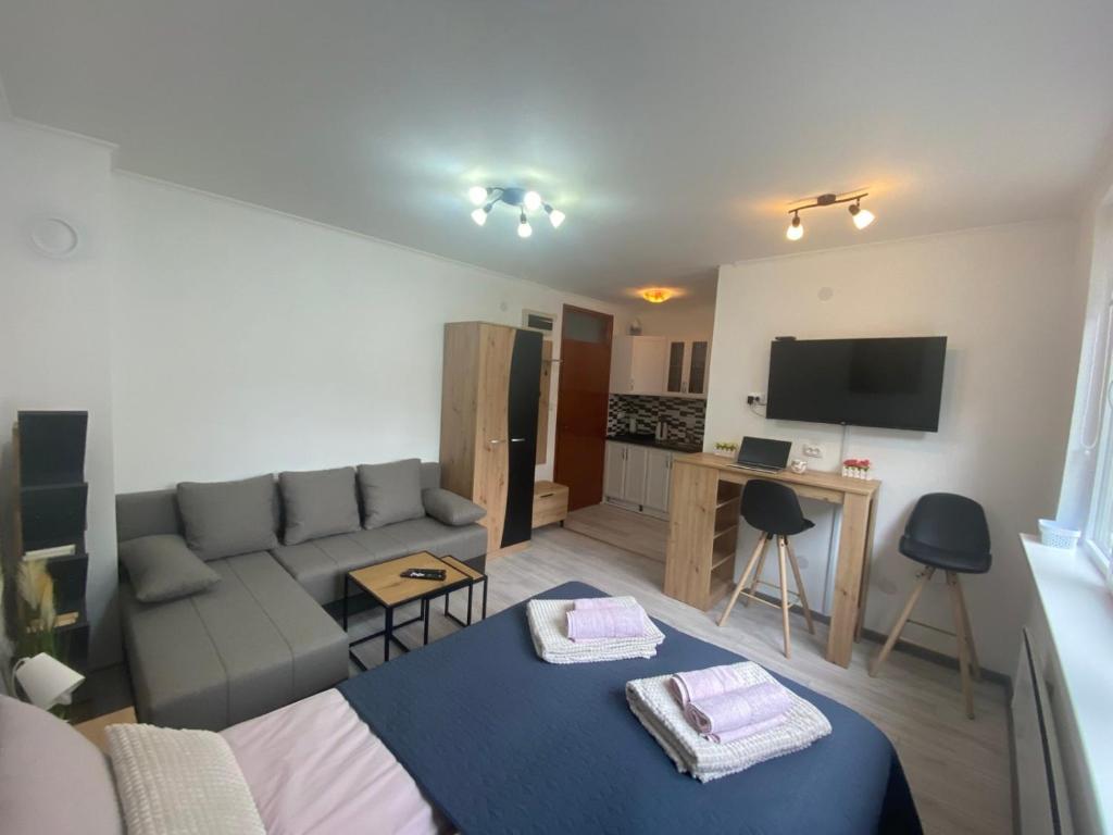 ein kleines Wohnzimmer mit einer Couch und einem Tisch in der Unterkunft Apartmani Krčmarica 10 in Divčibare