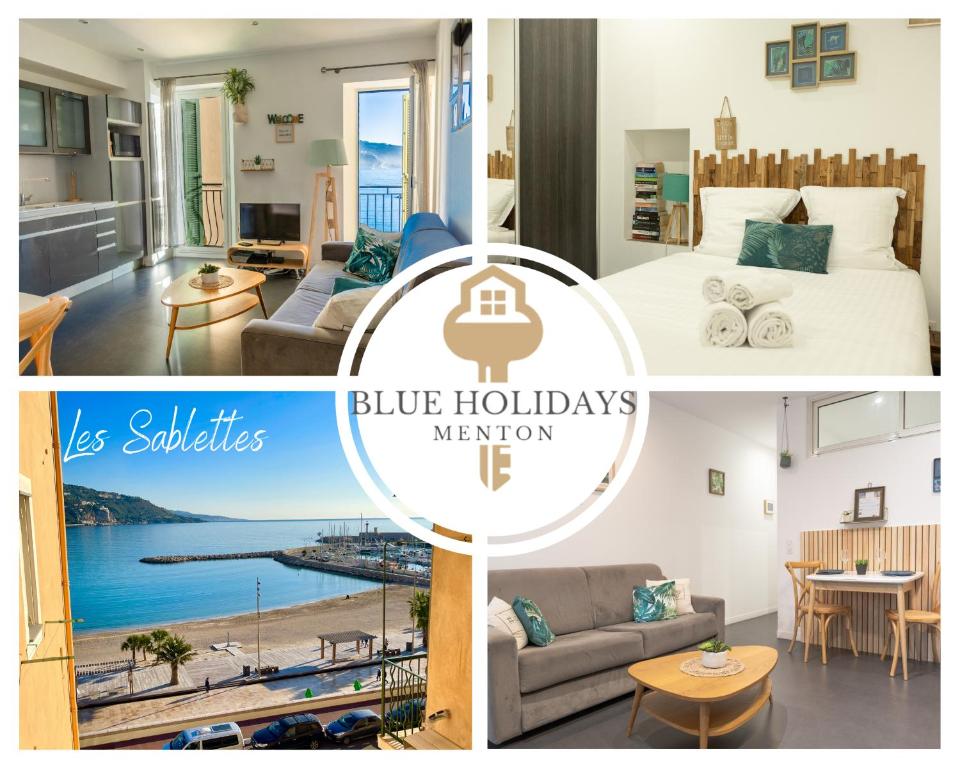 a collage of photos of a blue holiday memory at Les Sablettes in Menton
