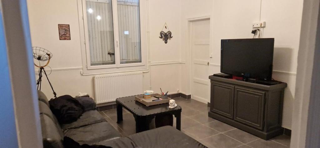 un salon avec un canapé et une télévision à écran plat dans l'établissement Chez Nathan appartement 2 chambres, à Auxerre