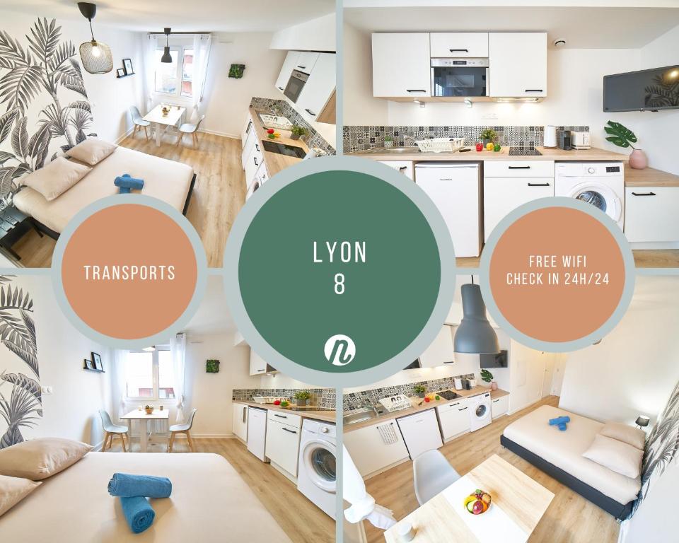 un collage de photos d'une cuisine et d'un salon dans l'établissement Studio - L'ännexe, à Lyon