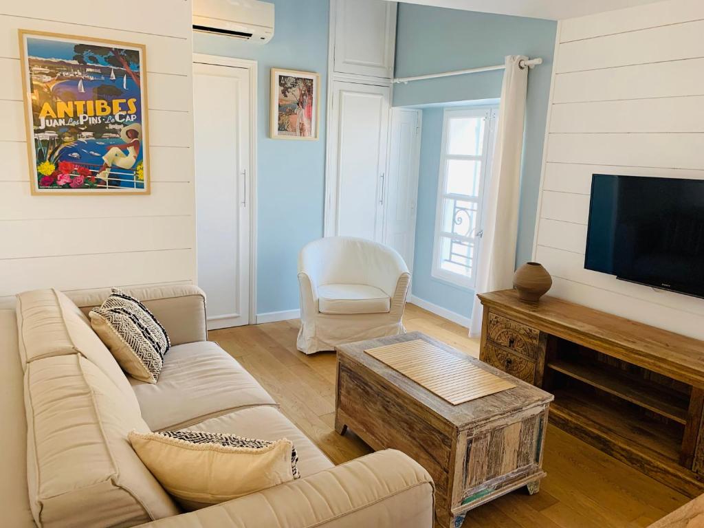 un salon avec un canapé et une télévision à écran plat dans l'établissement Lovely one bedroom apartment in the old town of Antibes, à Antibes