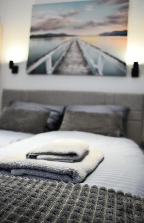 Een bed of bedden in een kamer bij Apartman Anna Srebrno jezero