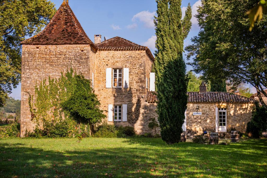 una vecchia casa in pietra con un albero nel cortile di Château la Gineste - Castle and Vineyard a Duravel