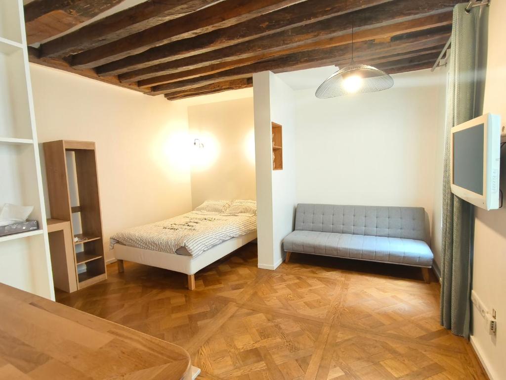 une chambre avec un lit et un canapé dans une pièce dans l'établissement Immersion parisienne, Appartement au centre Paris, à Paris