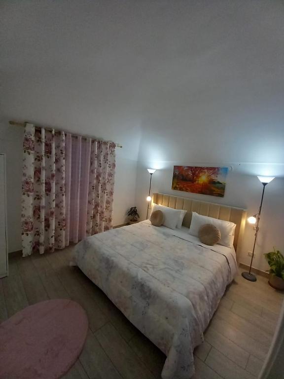 a bedroom with a large bed with two lights on at CASA Vacanze EUREKA in Novi Ligure