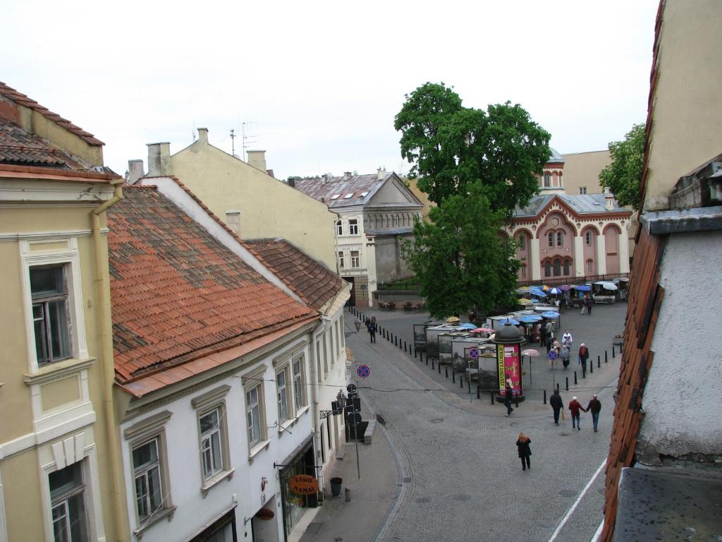 una calle de la ciudad con edificios y gente caminando por una calle en Stasys Apartments Pilies Street en Vilna