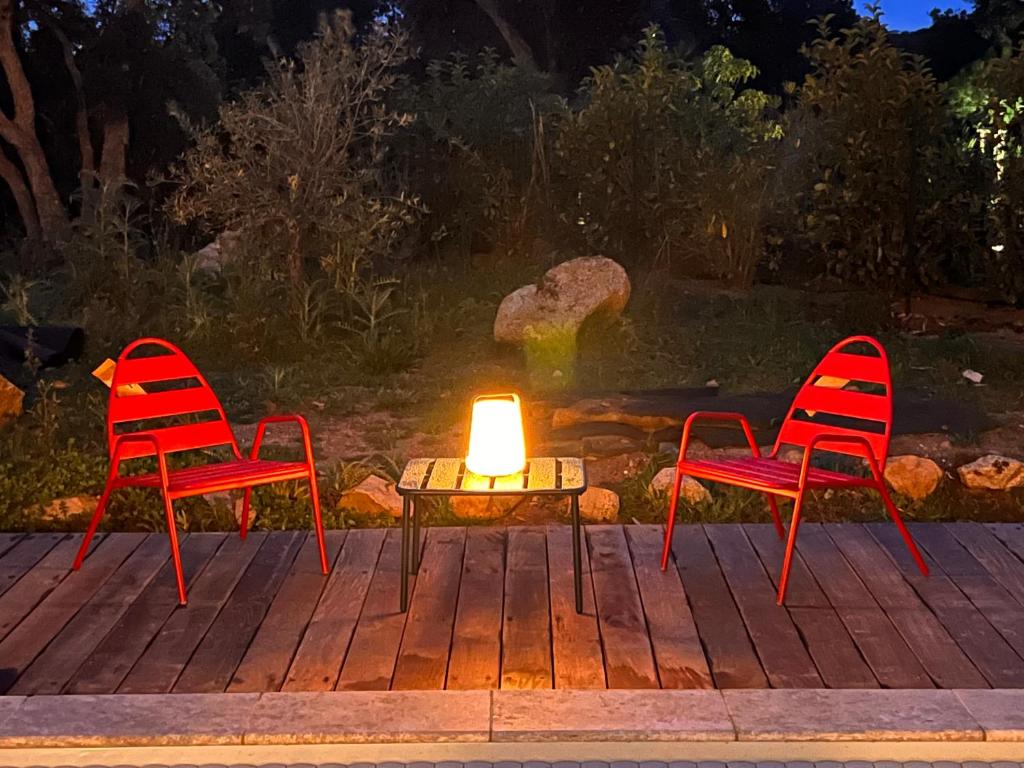 2 chaises et une table avec une bougie sur une terrasse dans l'établissement Villa neuve, piscine chauffée, à Zonza
