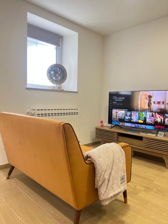 un salon avec un canapé et une télévision à écran plat dans l'établissement Zen & Nature au Centre Ville, à Audun-le-Tiche