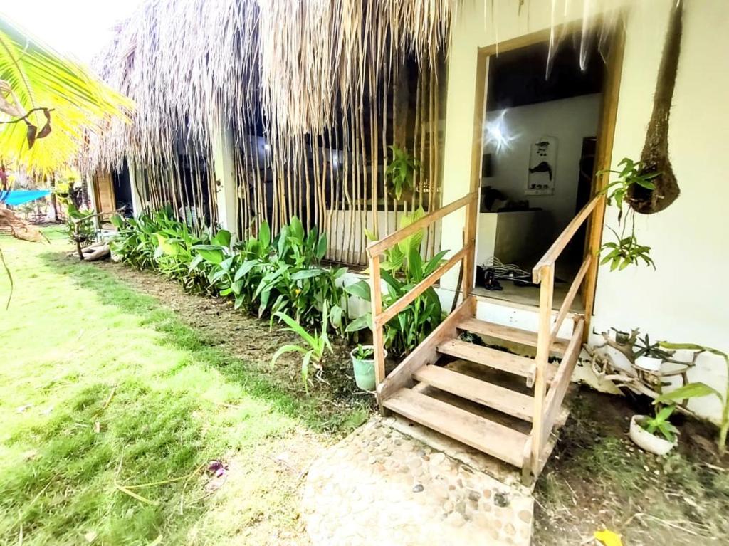a stairway leading to a house with a bunch of plants at la casablanca moñitos in Moñitos