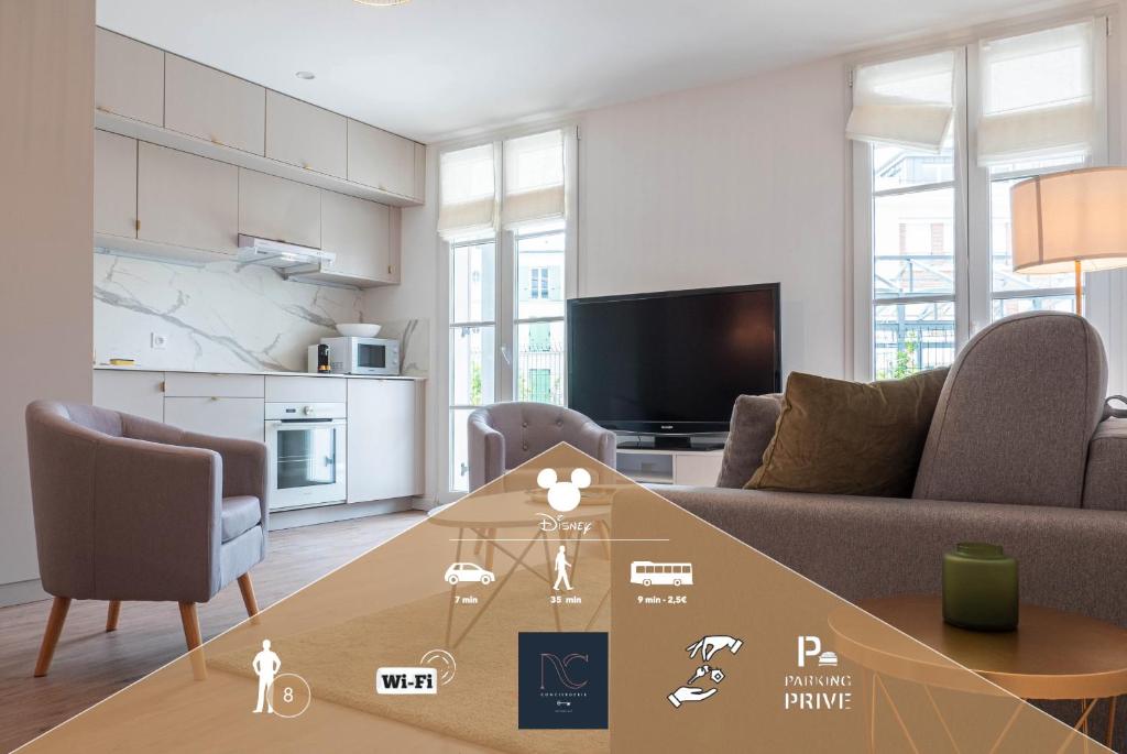 un salon avec une table et une cuisine dans l'établissement Disneyland-Paris, 8pers, 2 Parkings, Wifi, à Serris