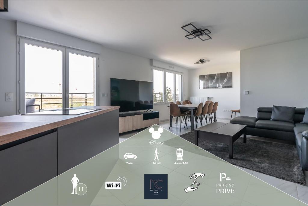 a kitchen and living room with a couch and a table at Disneyland-Paris 11pers, 2parkings, Wifi, in Chessy