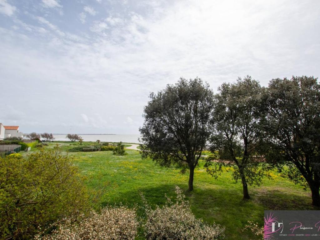 deux arbres dans un champ avec l’océan à l’arrière-plan dans l'établissement 2 pièces - 6 couchages, vue mer, parking privé - FR-1-825-13, à La Rochelle
