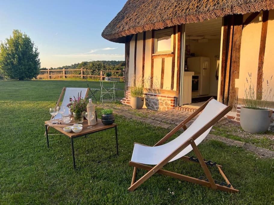 une chaise et une table dans l'herbe à côté d'une maison dans l'établissement Charmante chaumière, à Fierville-les-Parcs