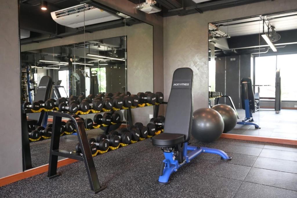A mirrored gym area has a dumbbell rack, adjustable bench, and exercise balls.
