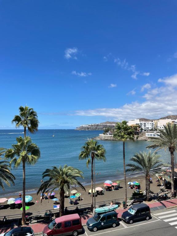 a view of a beach with palm trees and the ocean at PURA VIDA Beach Suite in Arguineguín