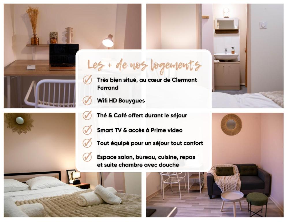 a collage of photos of a bedroom with a sign at Le Jaude, T2 rénové Centre ville I WIFI Confort et cosy in Clermont-Ferrand