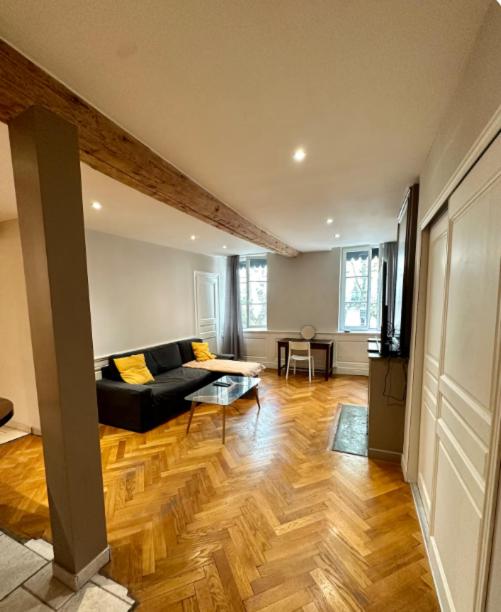 - un salon avec un canapé noir et du parquet dans l'établissement Appartement moderne, Lyon 6ème, à Lyon