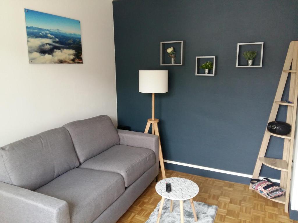 ein Wohnzimmer mit einem grauen Sofa und einer Leiter in der Unterkunft Vue sur montagne in Bagnères-de-Bigorre