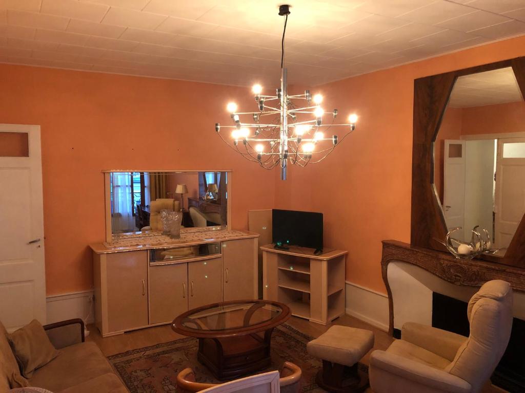 - un salon avec un lustre dans l'établissement Hébergement Flotiane, à Belley