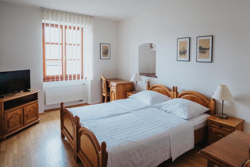 Un dormitorio con una cama grande y un televisor. en OREA Hotel Arigone Olomouc, en Olomouc