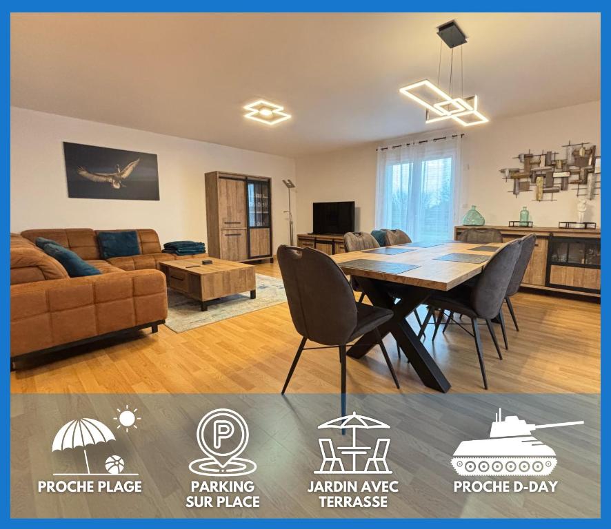 un salon avec une table et un canapé dans l'établissement La clé des champs Maison plain pied spacieuse lumineuse bien équipée, 3 chambres spacieuse, belle terrasse aménagée, garage, grand jardin clos, parking, près de Bayeux et Omaha Beach, à Tour-en-Bessin